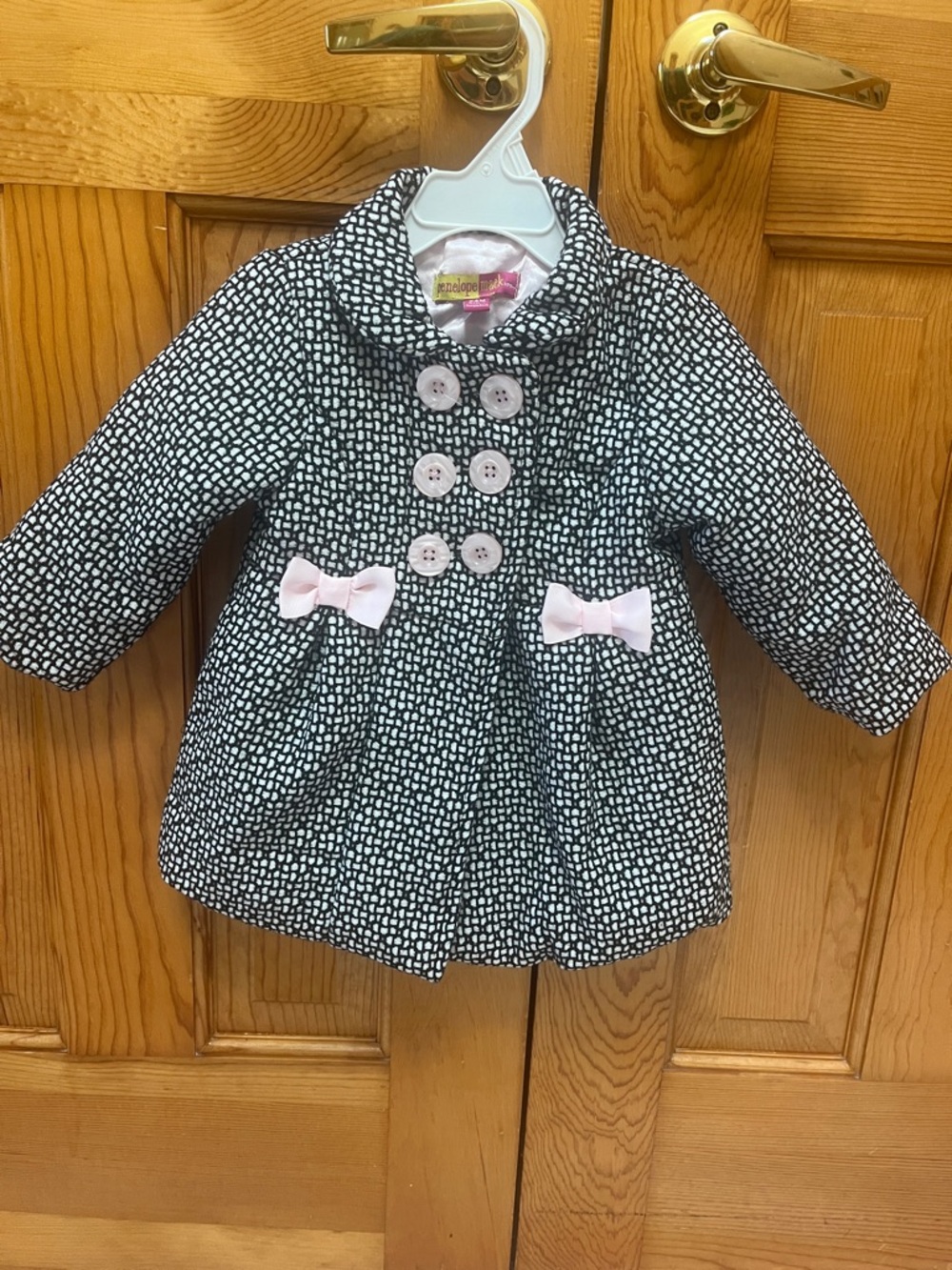Penelope Mack Black & White Patterned Toddler Pea Coat with Pink buttons & Bows